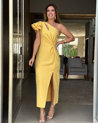 Yellow One-Shoulder Locking Eyelet Midi Dress