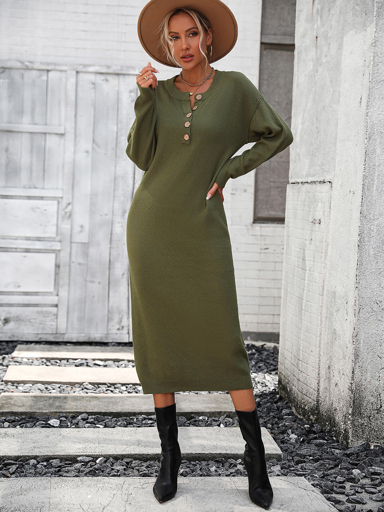 Massey Knit Midi Sweater Dress - Olive