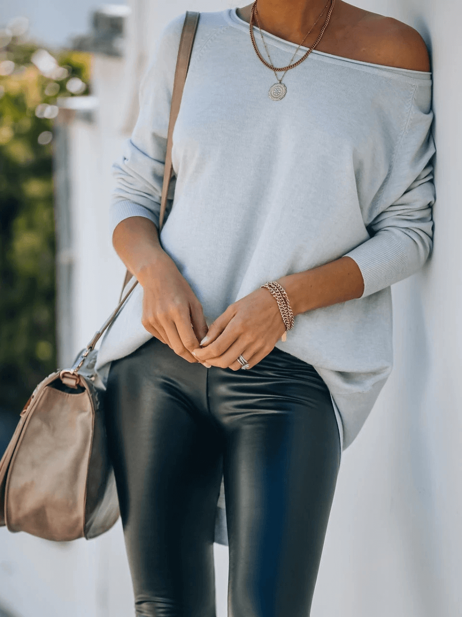 OVERSIZED COLLARED DOWN KNIT SWEATER - STONE BLUE