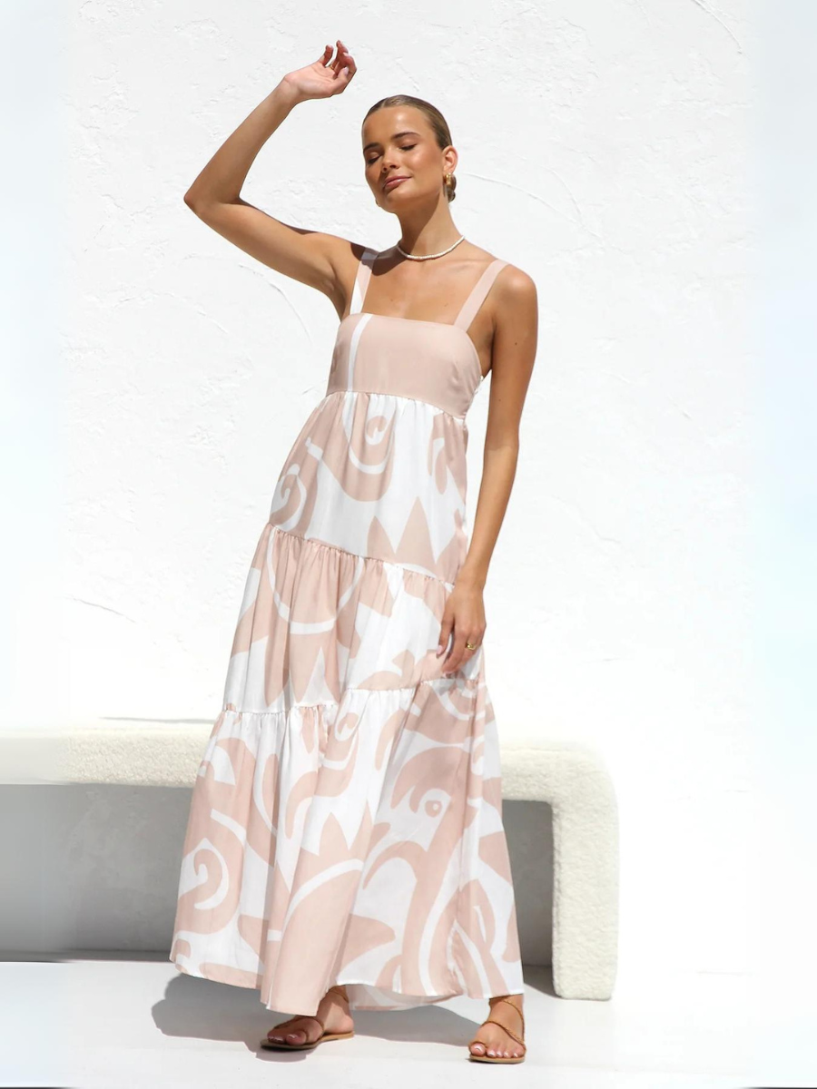 Jovienne Flowy Tiered Maxi Dress - Apricot