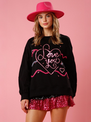 Love You Sequins Glitter Sweater - Black