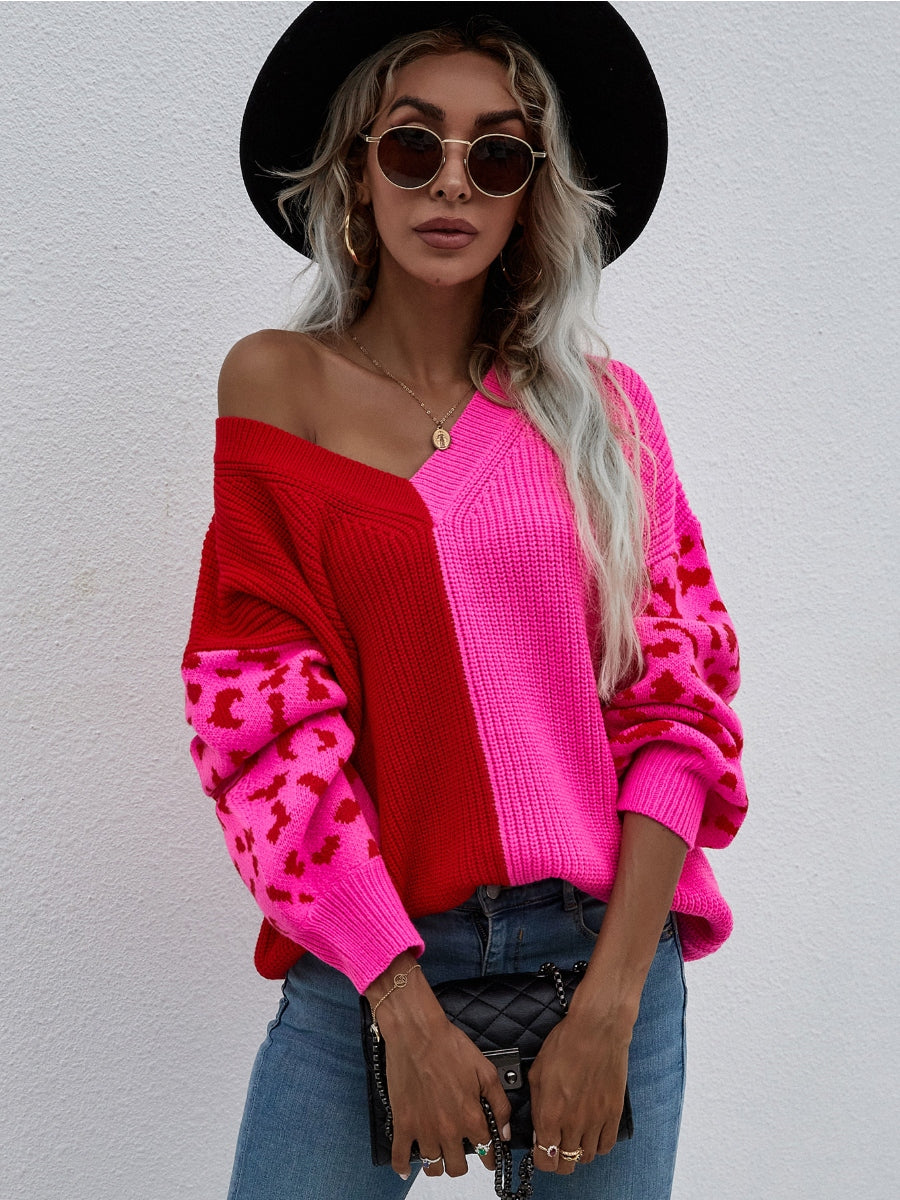 Color-Block Lantern Sleeve Sweater - Fuchisa Leopard