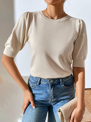 HALO SHORT SLEEVE COTTON BLEND KNIT TOP - BEIGE