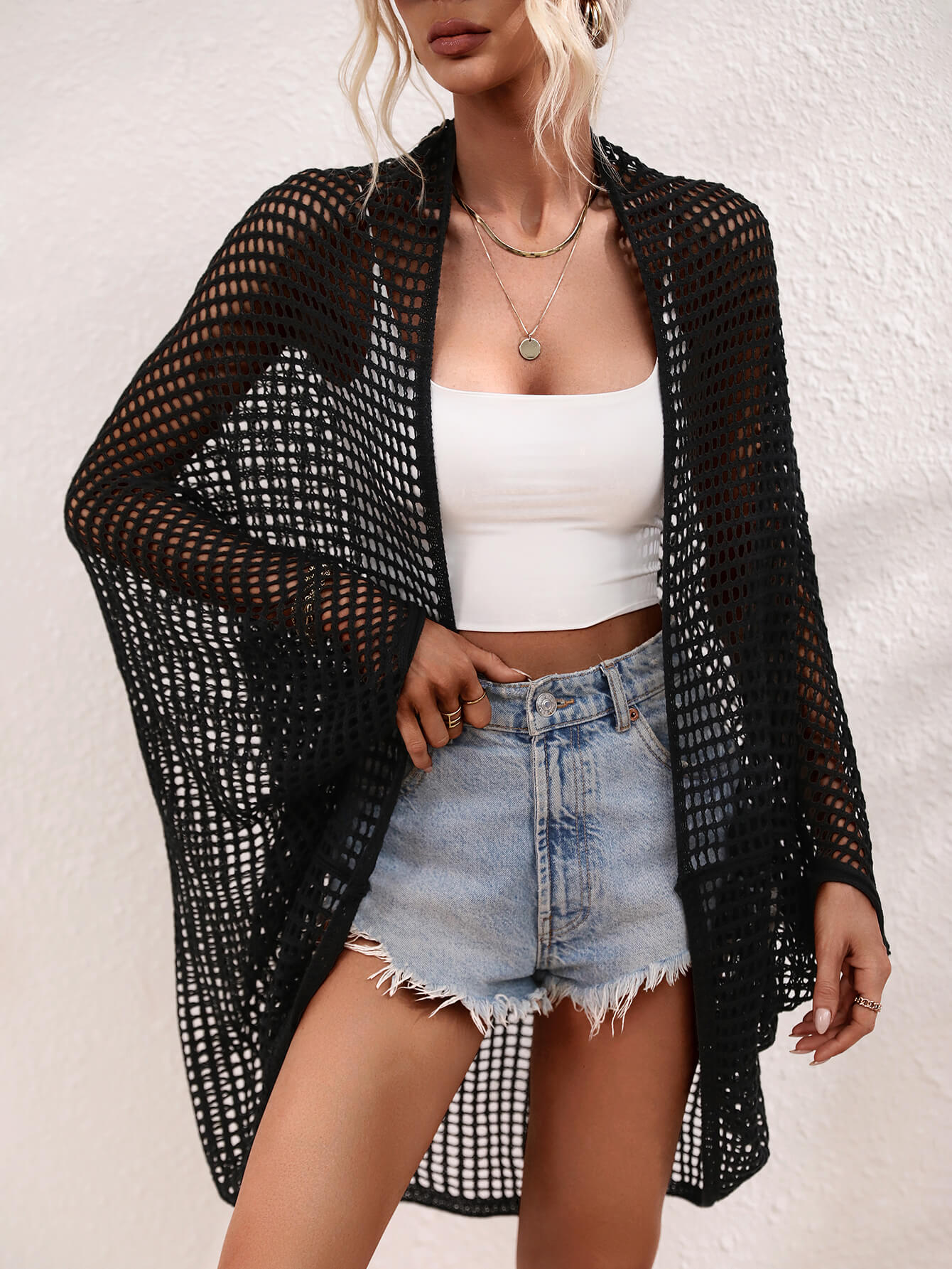 MADRID KNIT CROCHET KIMONO - BLACK