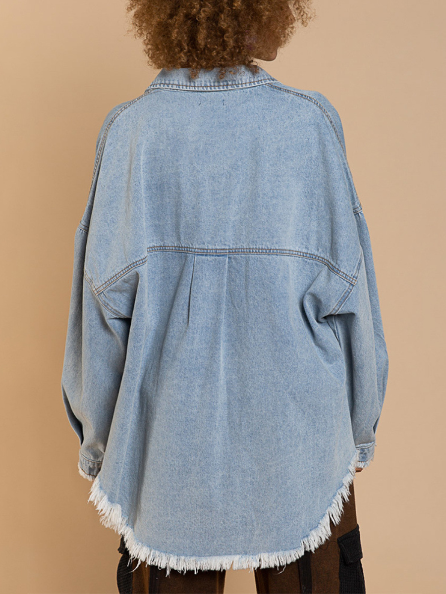 BUST SEQUIN POCKET FRAYED DENIM SHACKET - BLUE