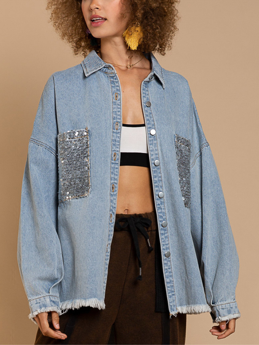 BUST SEQUIN POCKET FRAYED DENIM SHACKET - BLUE