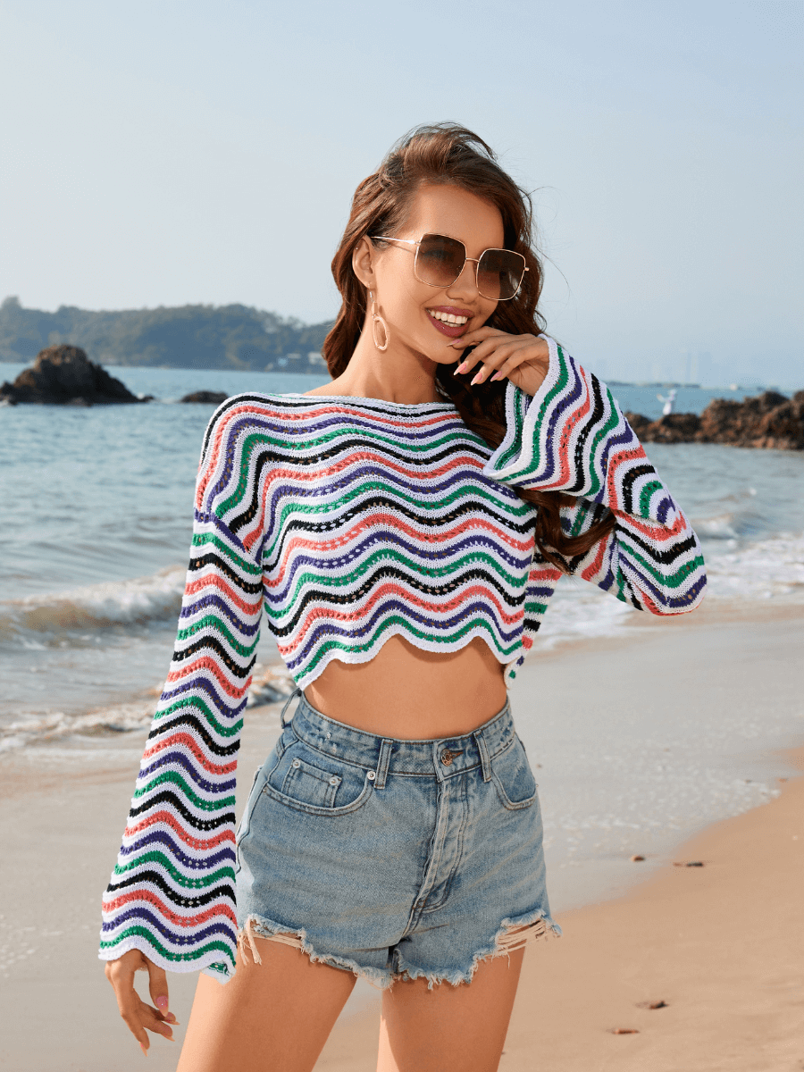 Appreciate You Crochet Striped Scalloped Hem Crop Top - Multi
