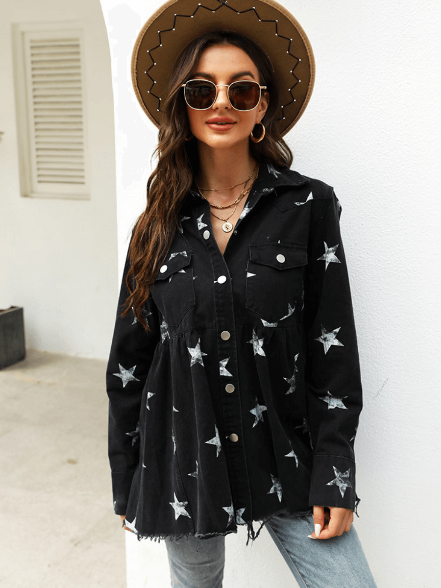 ALL ALIGNED FRAYED STAR DISTRESSED DENIM SHACKET - BLACK