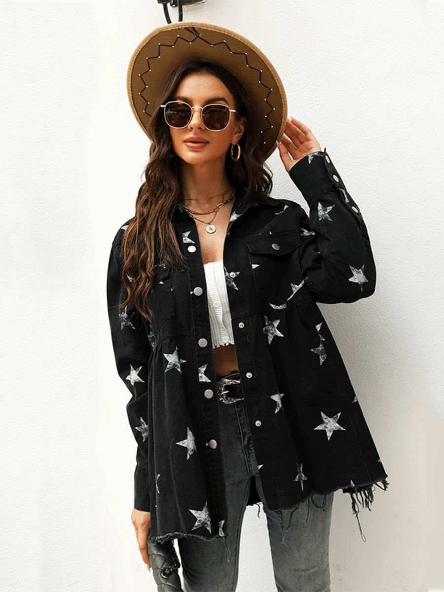 ALL ALIGNED FRAYED STAR DISTRESSED DENIM SHACKET - BLACK