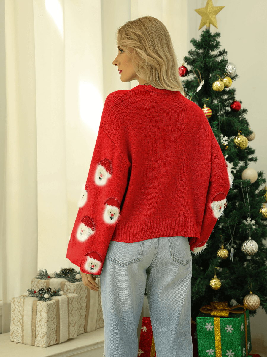 CHRISTMAS SMILING SANTA KNIT SWEATER - RED