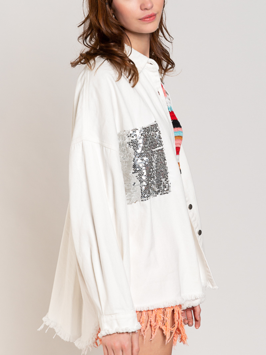BUST SEQUIN POCKET FRAYED DENIM SHACKET - WHITE