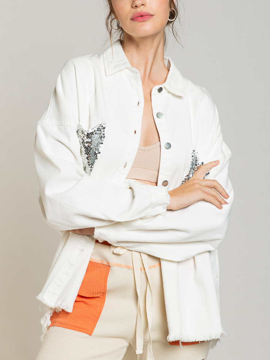 BUST SEQUIN POCKET FRAYED DENIM SHACKET - WHITE