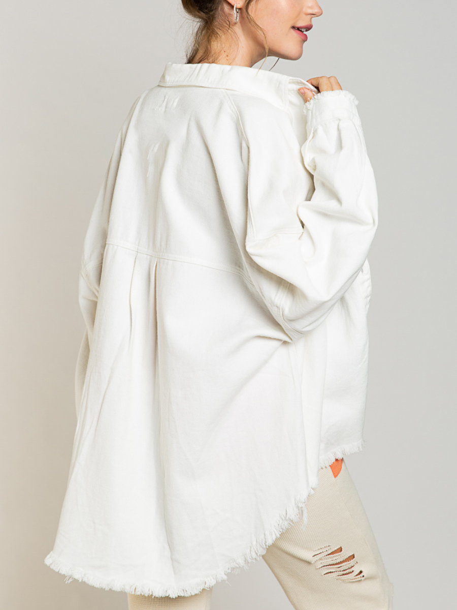 BUST SEQUIN POCKET FRAYED DENIM SHACKET - WHITE