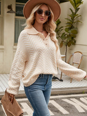 Benji Zig Zag Striped Batwing Sleeve Sweater - Beige