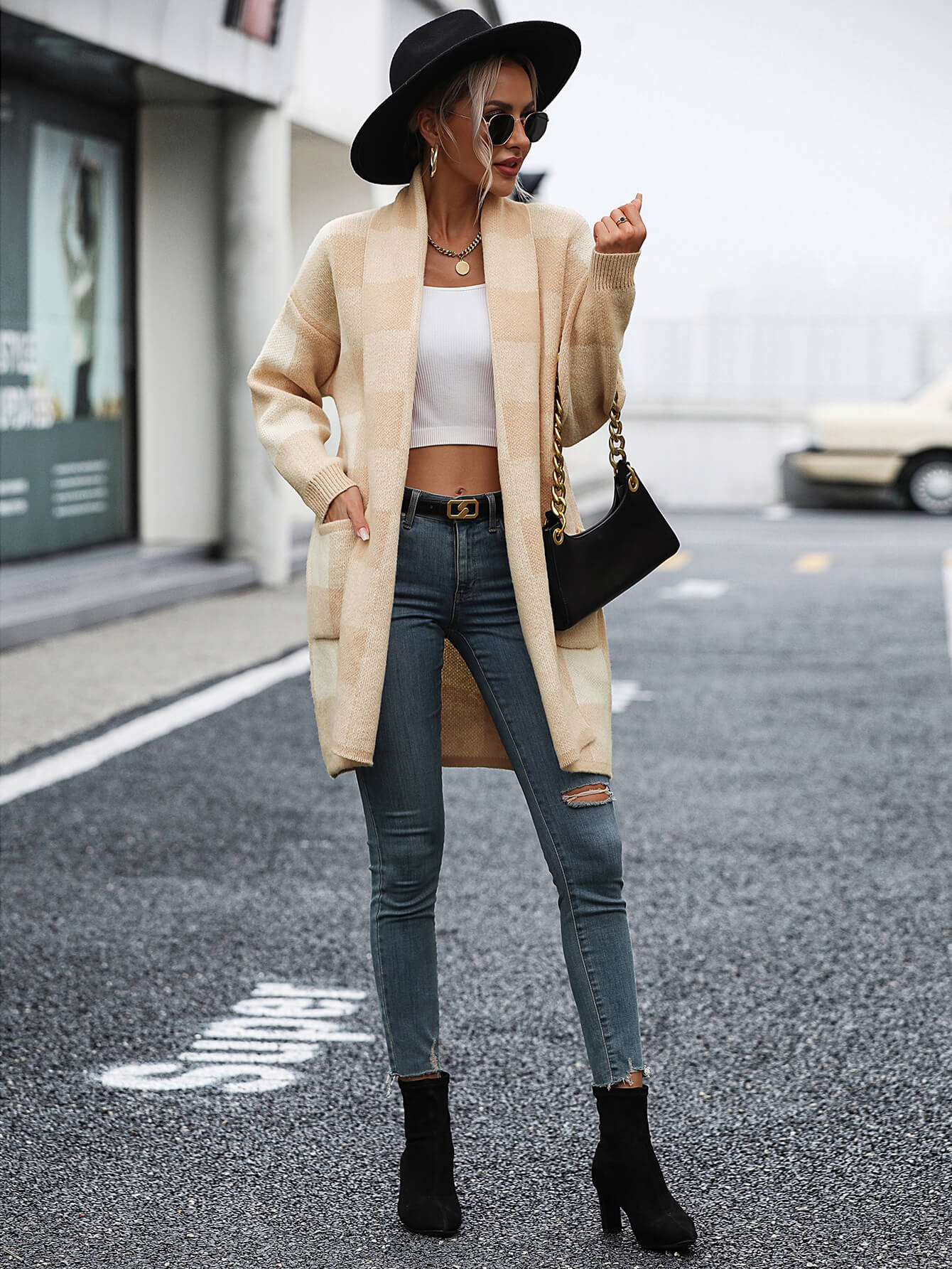 Checkmate Pocketed Knit Cardigan - Beige