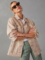 Midland Oversized Frayed Denim Jacket - Beige