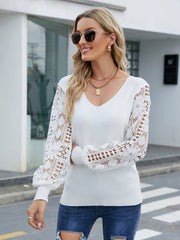 NOTEPAD EMBROIDERED LACE SLEEVE KNIT SWEATER - WHITE