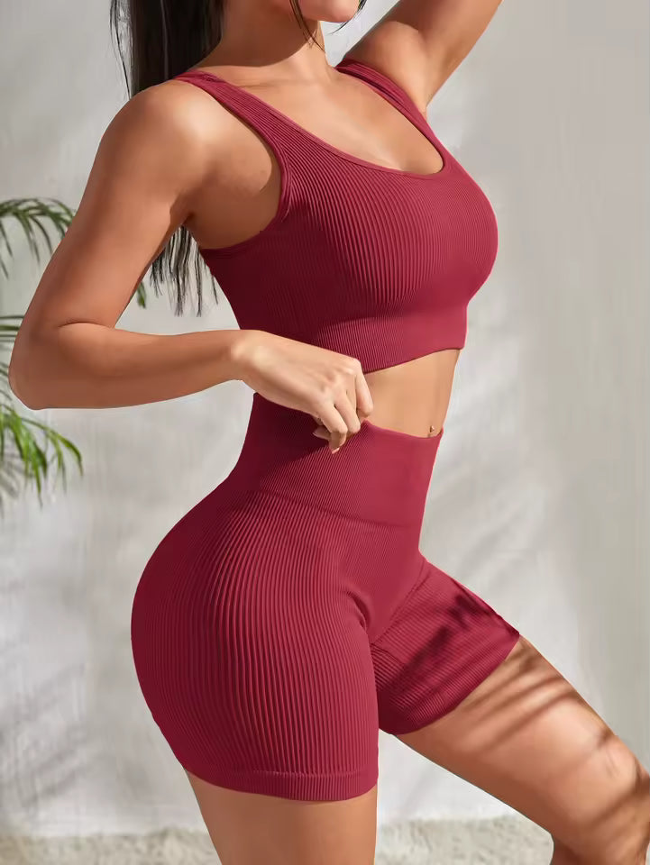 2 Pieces Gym Ribbed Crop Tank High Waist Shorts Seamless Ribbed Yoga Workout Sets