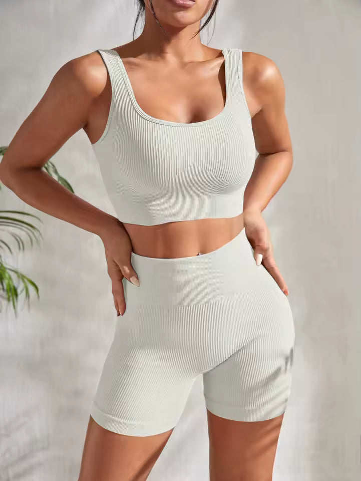 2 Pieces Gym Ribbed Crop Tank High Waist Shorts Seamless Ribbed Yoga Workout Sets