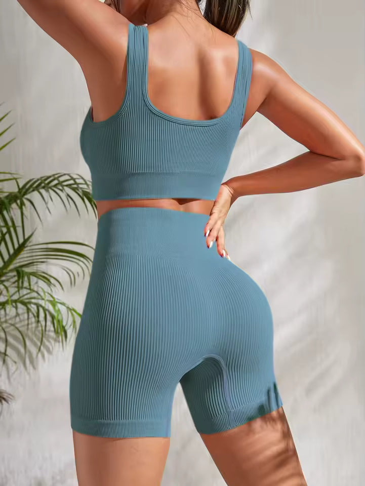 2 Pieces Gym Ribbed Crop Tank High Waist Shorts Seamless Ribbed Yoga Workout Sets