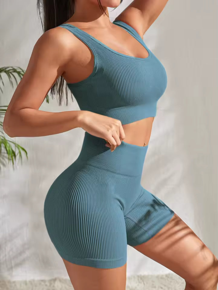 2 Pieces Gym Ribbed Crop Tank High Waist Shorts Seamless Ribbed Yoga Workout Sets