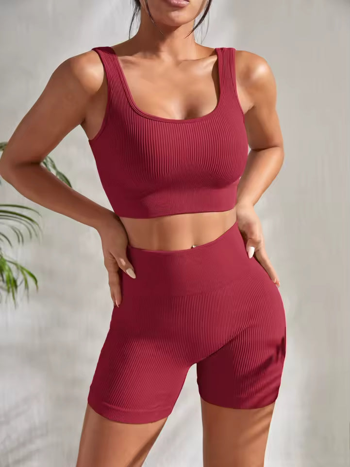 2 Pieces Gym Ribbed Crop Tank High Waist Shorts Seamless Ribbed Yoga Workout Sets