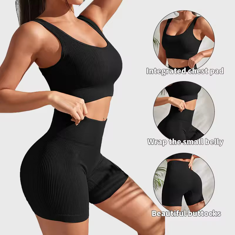 2 Pieces Gym Ribbed Crop Tank High Waist Shorts Seamless Ribbed Yoga Workout Sets