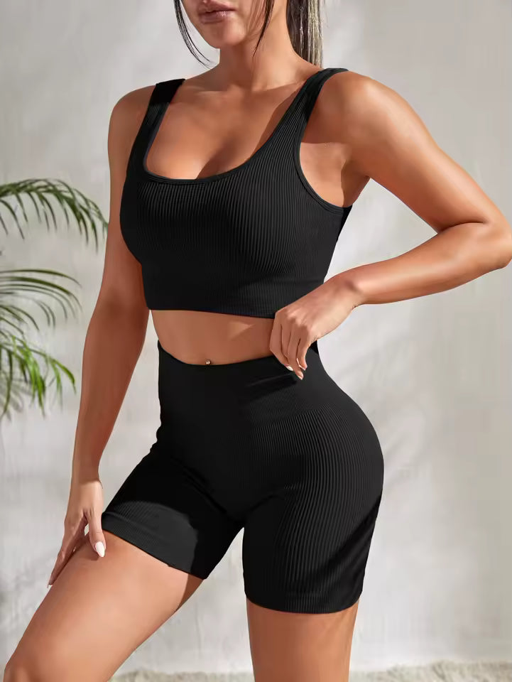2 Pieces Gym Ribbed Crop Tank High Waist Shorts Seamless Ribbed Yoga Workout Sets