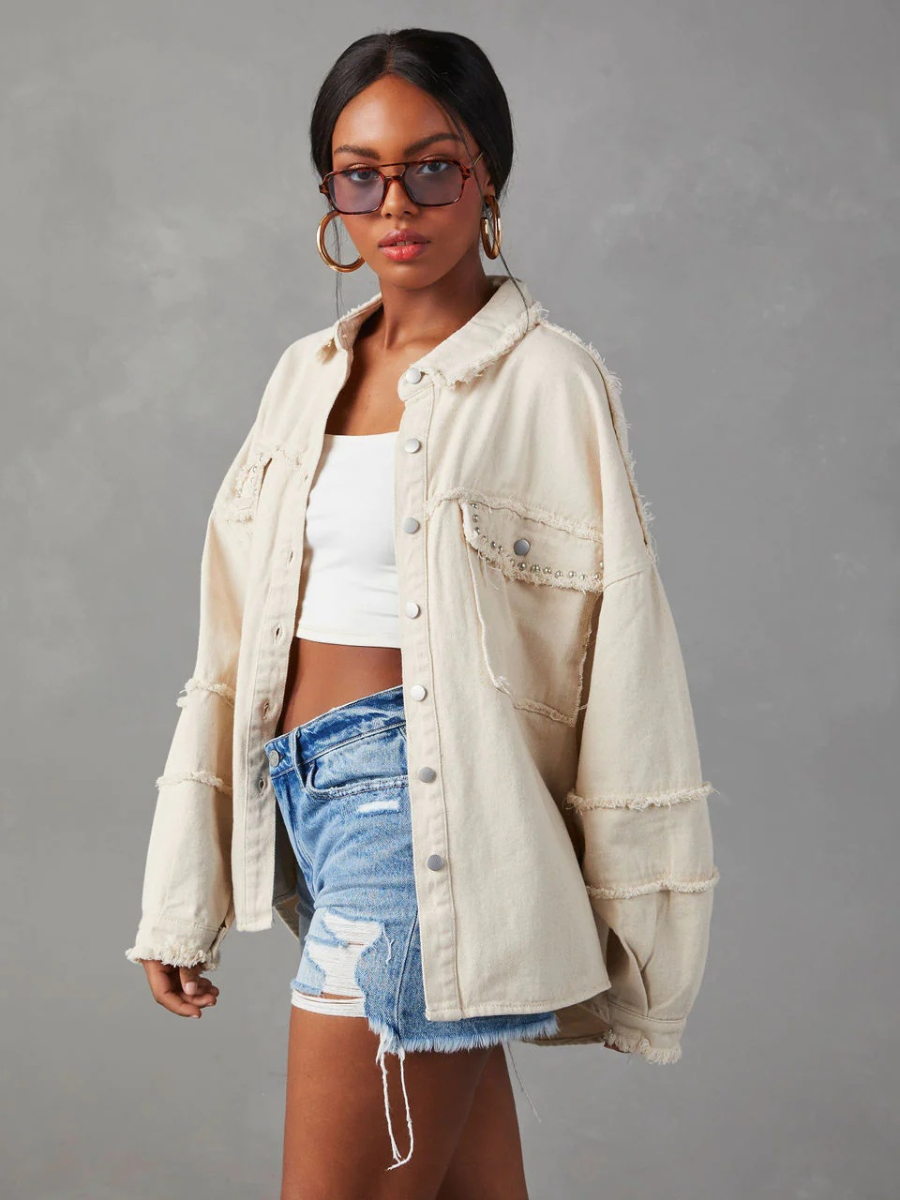 Rock Doll Frayed Denim Shacket - Beige