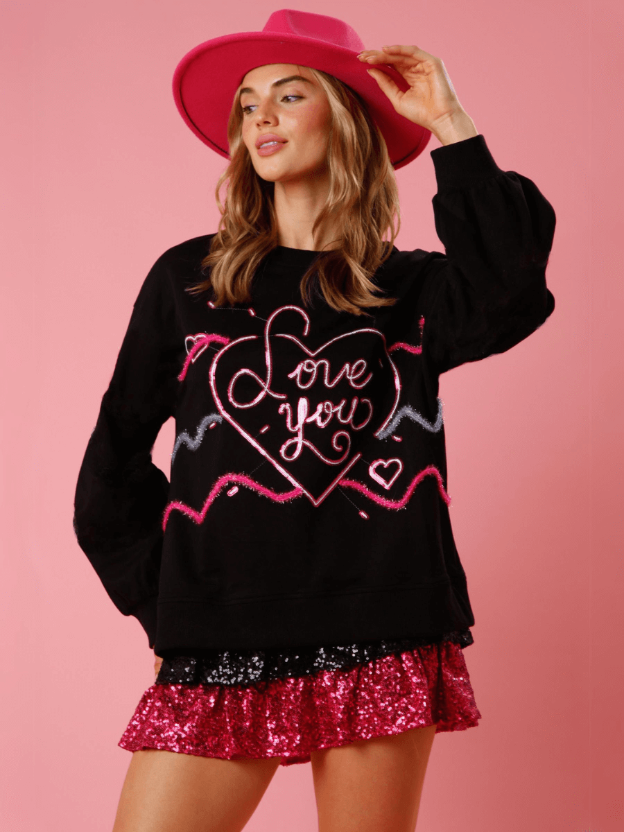 Love You Sequins Glitter Sweater - Black