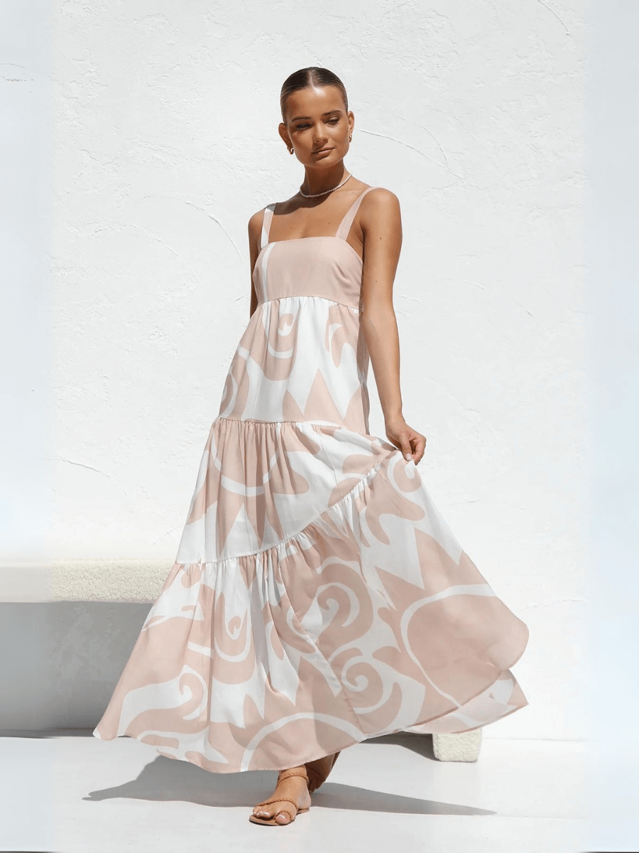 Jovienne Flowy Tiered Maxi Dress - Apricot