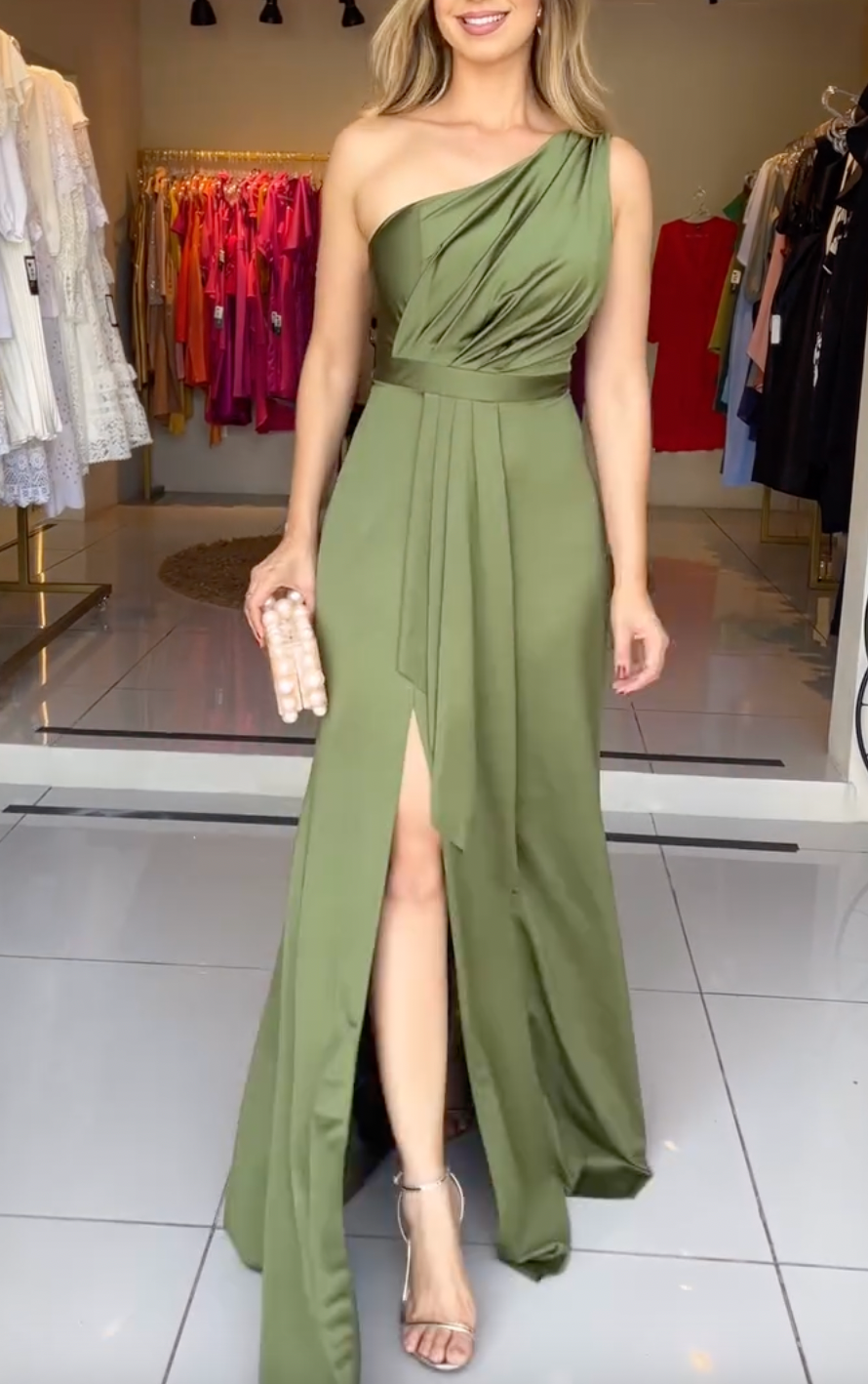 Olive-Green Flowing One-Shoulder Maxi Dress