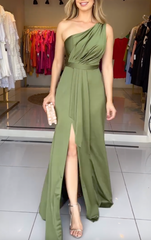 Olive-Green Flowing One-Shoulder Maxi Dress