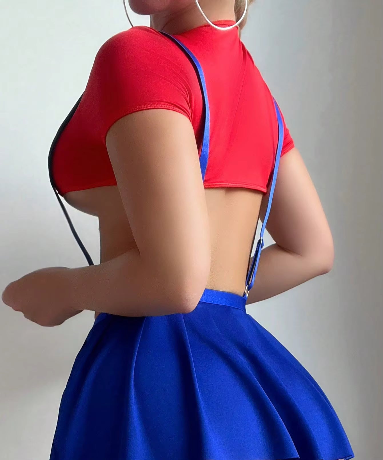 Tight Crop Top Showing Half Ball Pleated Skirt With Shoulder Straps Thongs 3-Piece Outfits