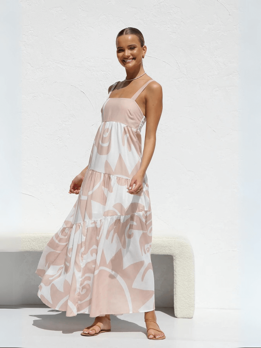 Jovienne Flowy Tiered Maxi Dress - Apricot