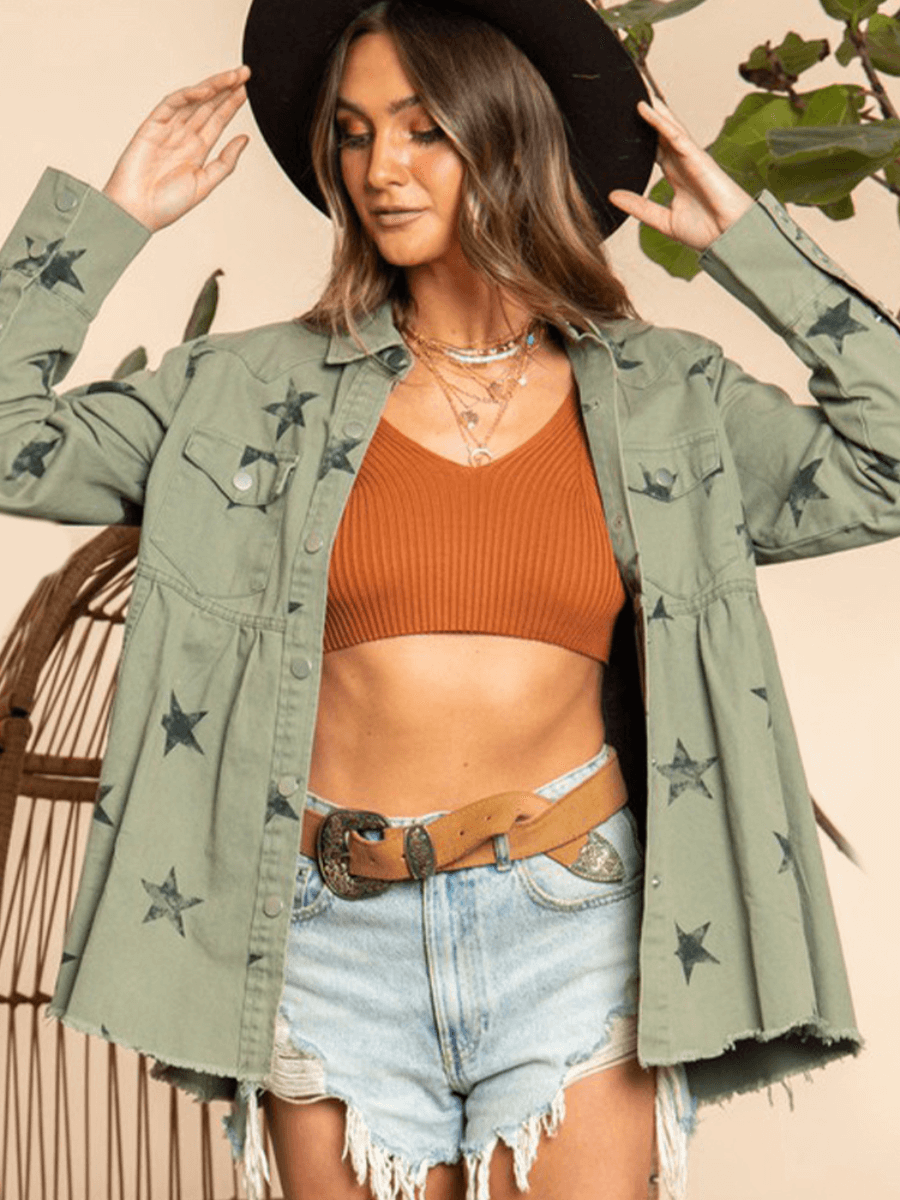ALL ALIGNED FRAYED STAR DISTRESSED DENIM SHACKET - OLIVE