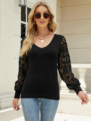 NOTEPAD EMBROIDERED LACE SLEEVE KNIT SWEATER - BLACK