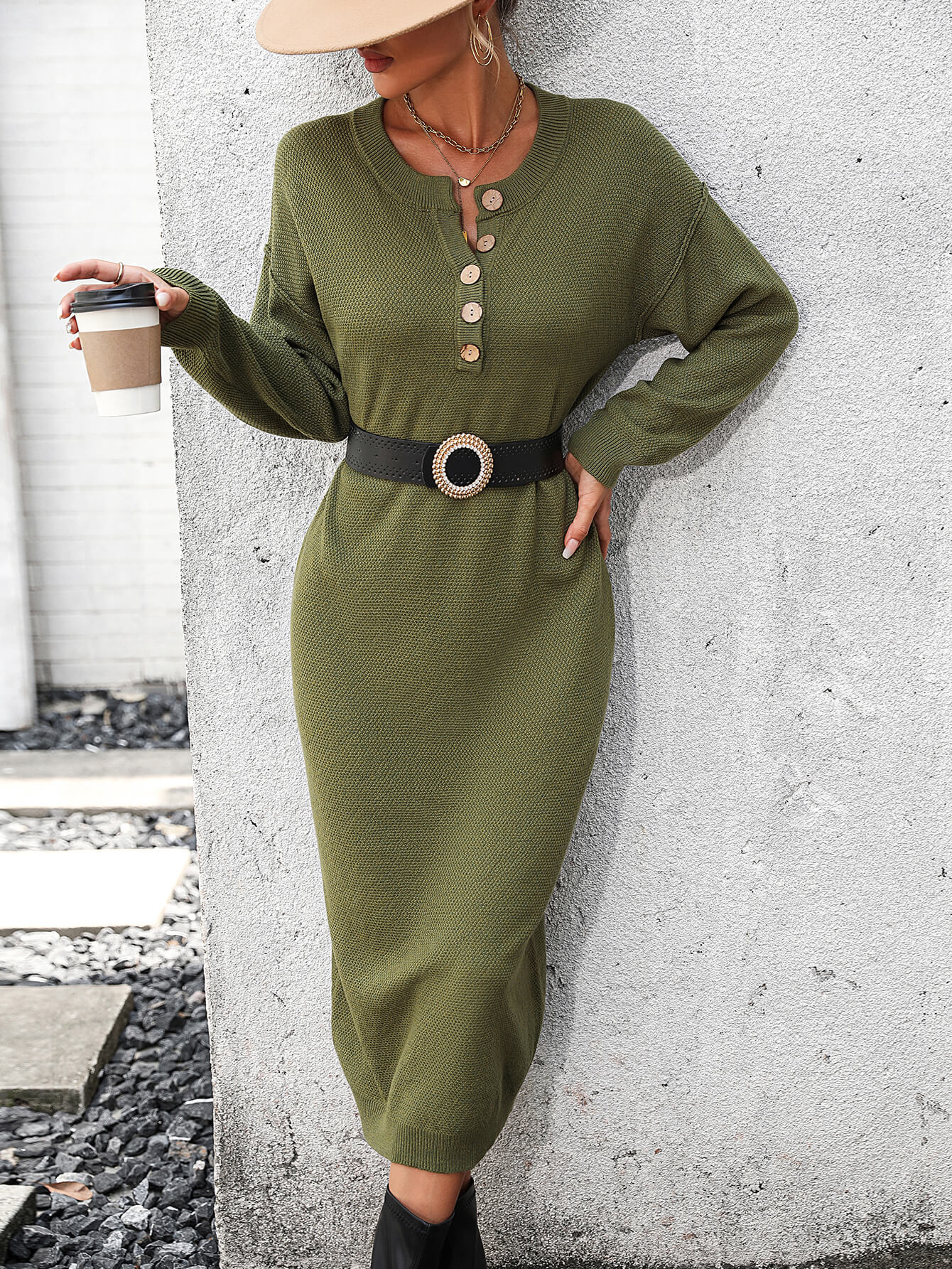 Massey Knit Midi Sweater Dress - Olive