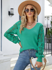 NOTEPAD EMBROIDERED LACE SLEEVE KNIT SWEATER - GREEN