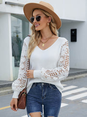 NOTEPAD EMBROIDERED LACE SLEEVE KNIT SWEATER - WHITE
