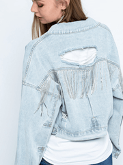 BACK TASSEL SEQUINS RIBBED DENIM JACKET - BLUE