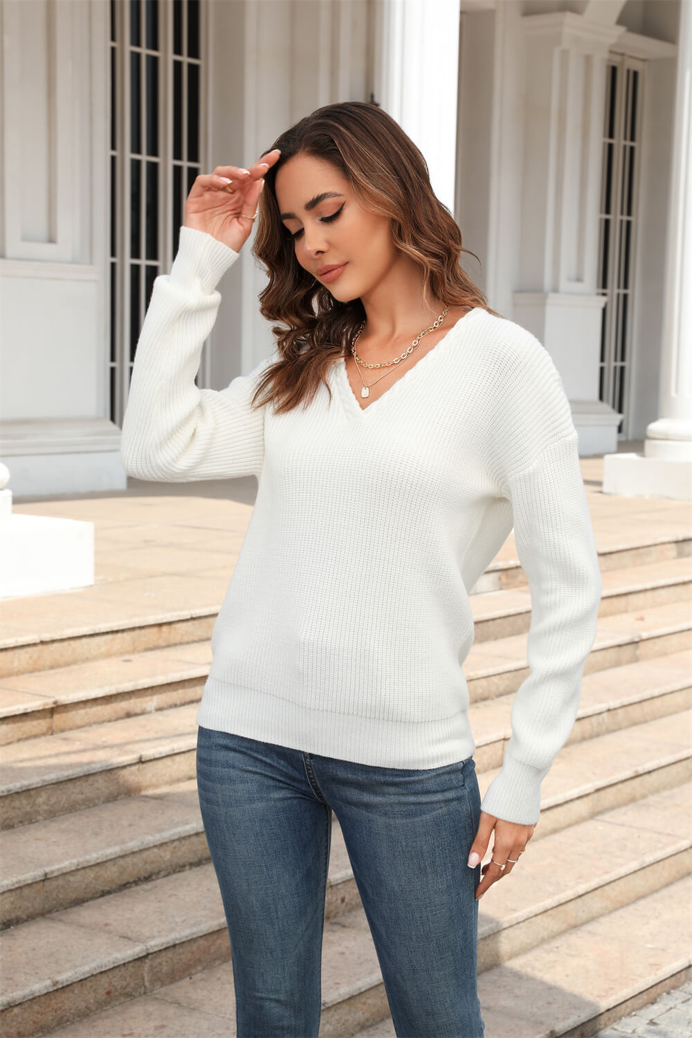 Liberty V-Neck Knit Sweater - White