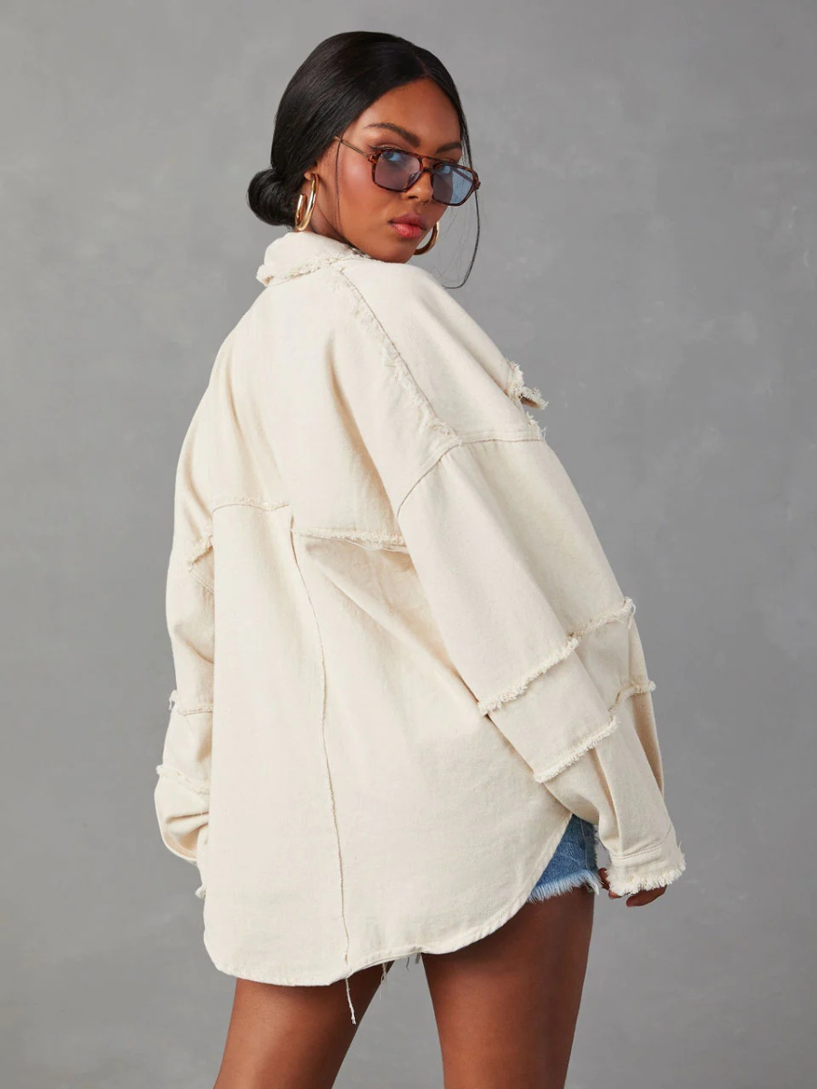 Rock Doll Frayed Denim Shacket - Beige