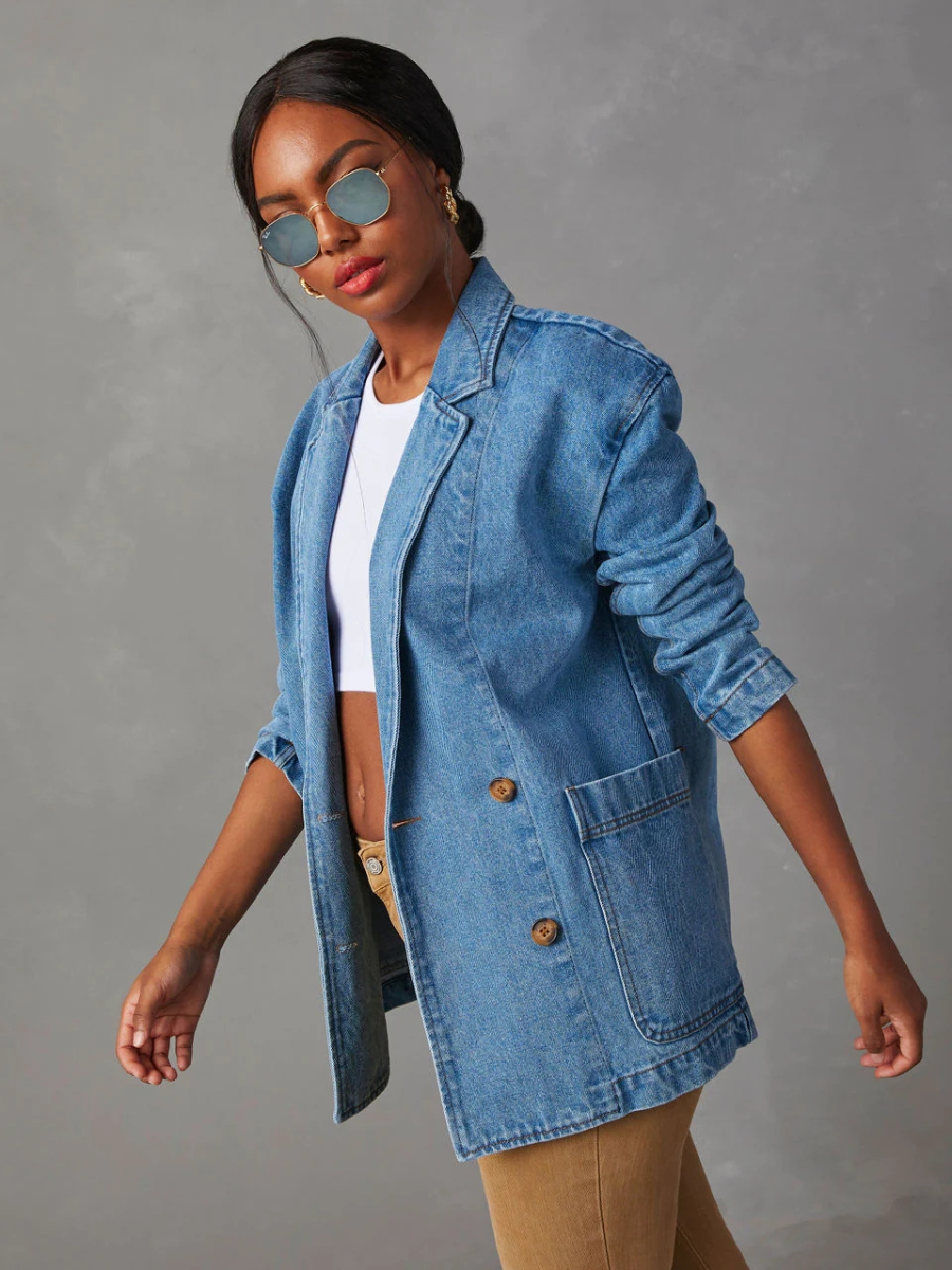 Dynever Pocketed Denim Blazer - Denim Blue
