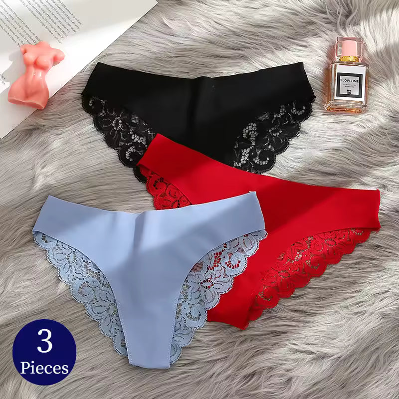 3PCS Panties Set Sweet Lace Underwear Soft Silk Satin Lingerie Romantic Briefs