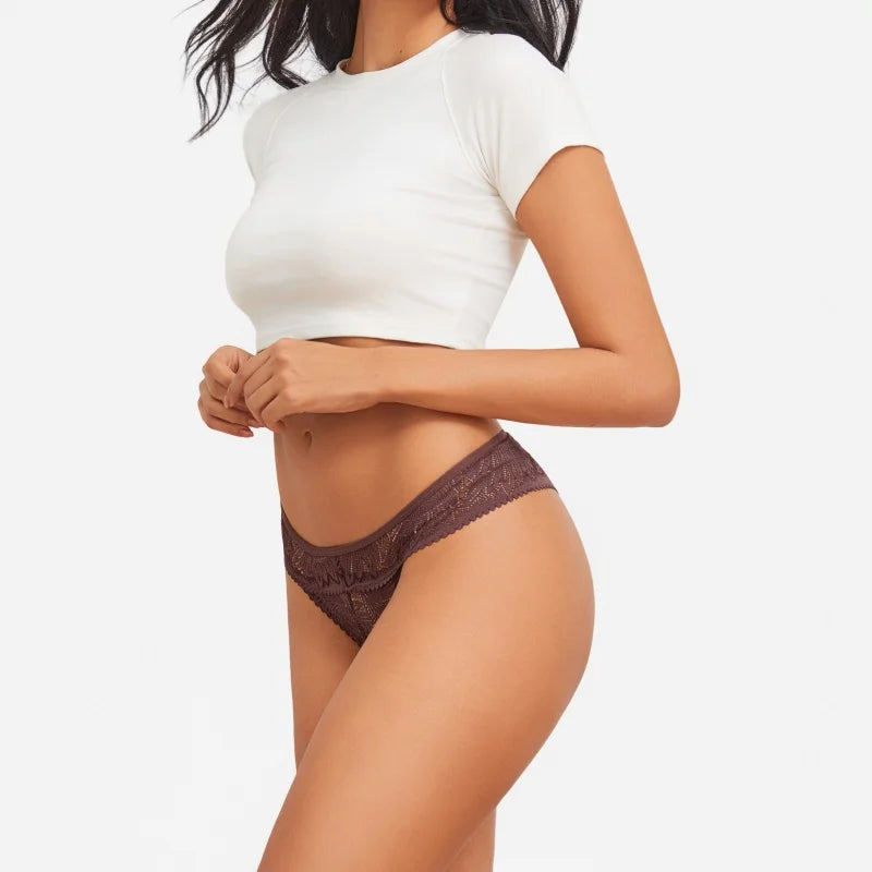 3PCS Set Lace Panties Low Riase Elastic Brifes Solid Color Perspective Breathable Underwear