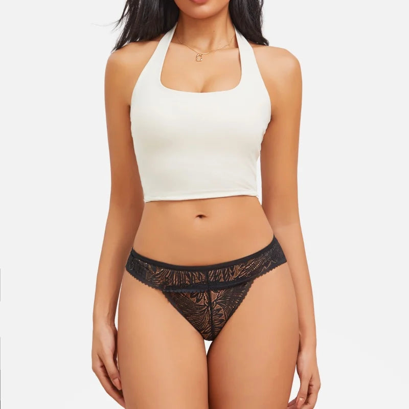 3PCS Set Lace Panties Low Riase Elastic Brifes Solid Color Perspective Breathable Underwear