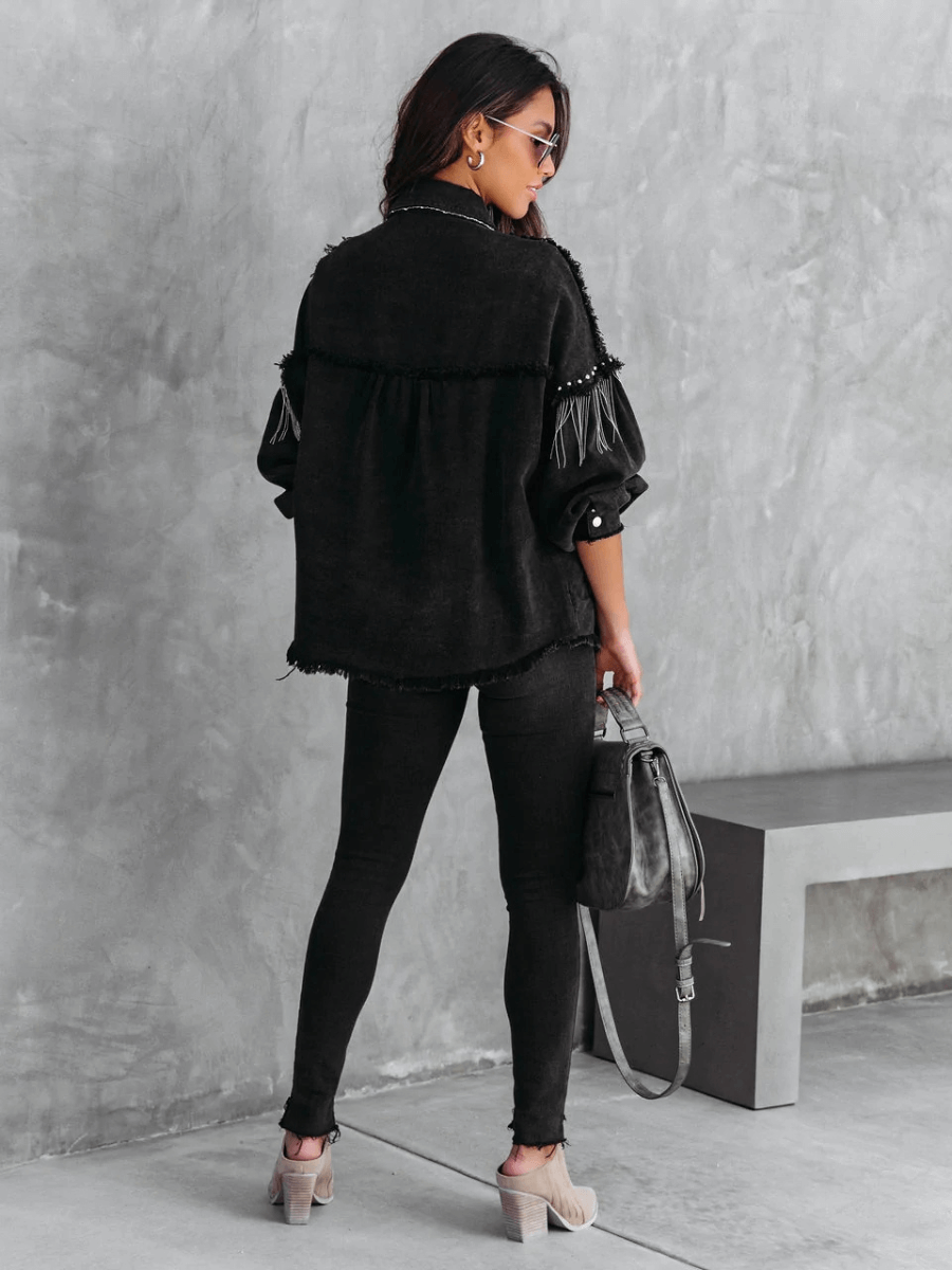 KNIGHTLY POCKETED STUDDED FRINGE DENIM JACKET