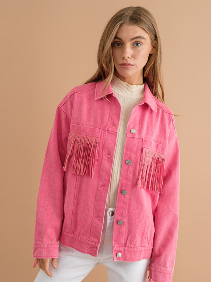 SEQUIN TASSEL WING RETRO DENIM JACKET - PINK