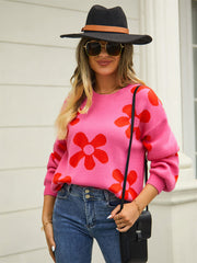 Fall Mega Daisy Floral Pullover Sweater - Pink